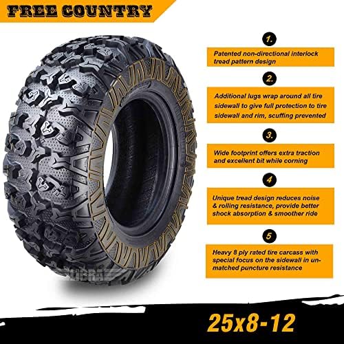 Free Country Set 4 HD 8PR UTV ATV Tires 24x8 12 & 24X10 11 w/Featured Full Side Lugs/Scuff Guard