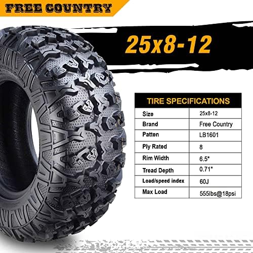 Free Country Set 4 HD 8PR UTV ATV Tires 24x8 12 & 24X10 11 w/Featured Full Side Lugs/Scuff Guard