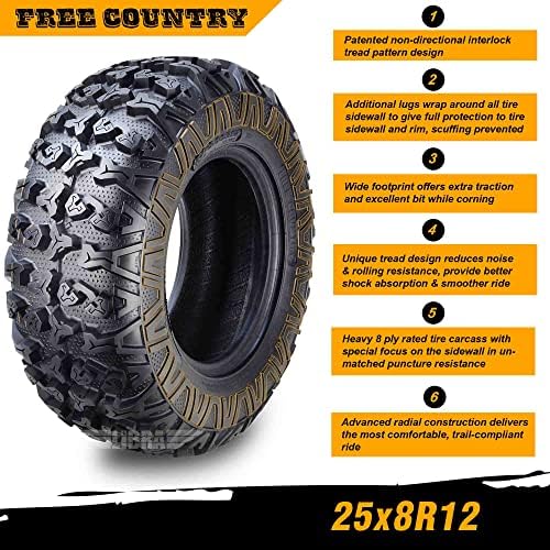 Free Country Set 4 HD 8PR UTV ATV Tires 24x8 12 & 24X10 11 w/Featured Full Side Lugs/Scuff Guard