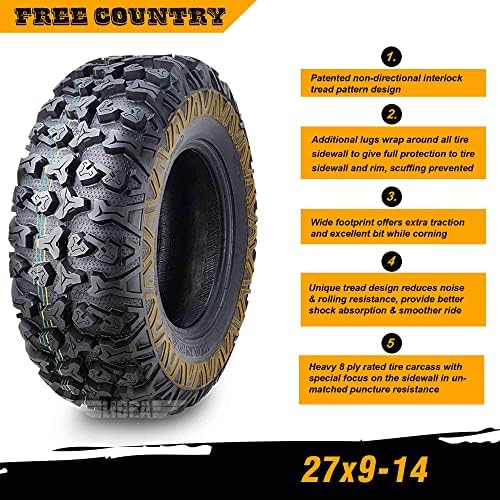 Free Country Set 4 HD 8PR UTV ATV Tires 24x8 12 & 24X10 11 w/Featured Full Side Lugs/Scuff Guard