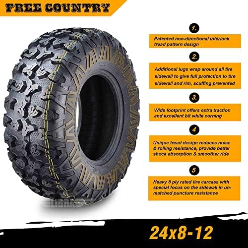 Free Country Set 4 HD 8PR UTV ATV Tires 24x8 12 & 24X10 11 w/Featured Full Side Lugs/Scuff Guard
