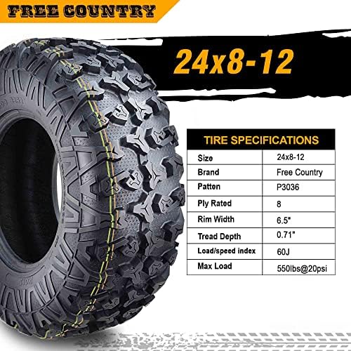 Free Country Set 4 HD 8PR UTV ATV Tires 24x8 12 & 24X10 11 w/Featured Full Side Lugs/Scuff Guard