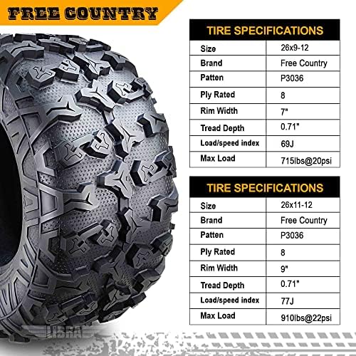 Free Country Set 4 HD 8PR UTV ATV Tires 24x8 12 & 24X10 11 w/Featured Full Side Lugs/Scuff Guard