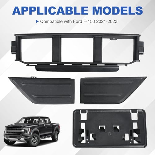 Front Bumper Grille W/Front Bumper Guards Pads & License Plate Frame Bracket Kit Compatible with Ford F 150 2021 2023 Lower Center Cover Spacer Panel Replaces# ML3Z17B968BA ML3Z17B968BB