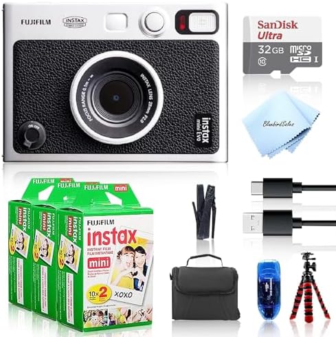 Fujifilm Instant Mini EVO Hybrid Camera  Black  Bundle with 60 Instant Film Sheets   32GB Memory Card   Small Padded Case   SD Card Reader   Flex Tripod   BluebirdSales Microfiber Cleaning Cloth