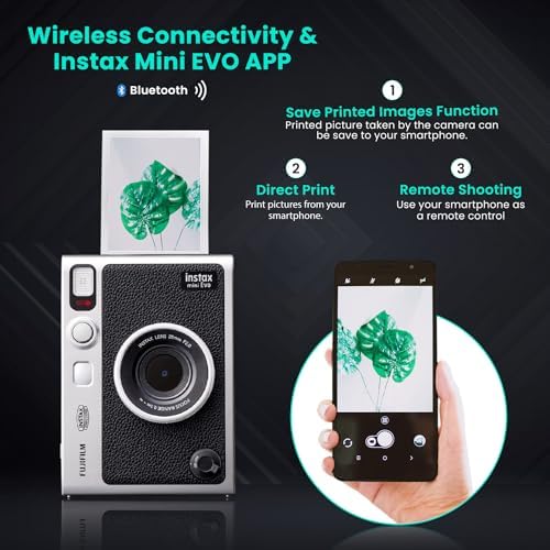 Fujifilm Instant Mini EVO Hybrid Camera  Black  Bundle with 60 Instant Film Sheets   32GB Memory Card   Small Padded Case   SD Card Reader   Flex Tripod   BluebirdSales Microfiber Cleaning Cloth