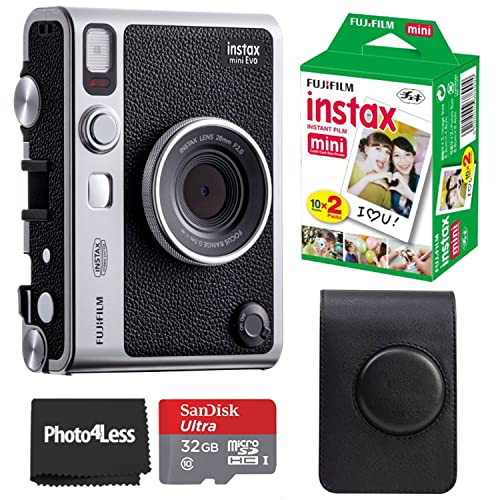 Fujifilm Instax Mini EVO Hybrid Instant Camera Black Bundle with Instax Mini Instant Film 20 Sheets  32GB microSD Card  Vintage Style Black Camera Case  Bundle