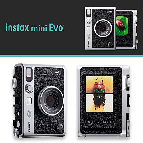 Fujifilm Instax Mini EVO Hybrid Instant Camera Black Bundle with Instax Mini Instant Film 20 Sheets  32GB microSD Card  Vintage Style Black Camera Case  Bundle