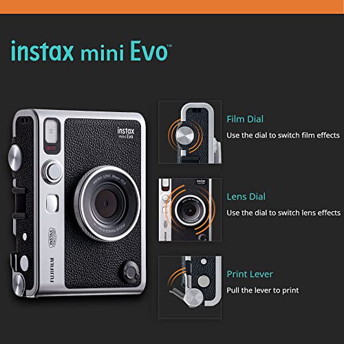 Fujifilm Instax Mini EVO Hybrid Instant Camera Black Bundle with Instax Mini Instant Film 20 Sheets 32GB microSD Card Vintage Style Black Camera Case Bundle