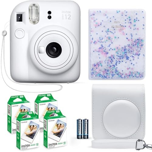 Fujifilm Instax Mini 12 - Cámara instantánea color blanco arcilla + paquete de película Fuji (40 hojas) + paquete de accesorios para obturador, incluye funda de transporte compatible, álbum de fotos de cuentas de arena movediza, 64 bolsillos