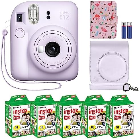 Fujifilm Instax Mini 12 Instant Camera   MiniMate Accessory Bundle & Compatible Custom Case   Fuji Instax Film Value Pack  50 Sheets  Flamingo Designer Photo Album  Lilac Purple 