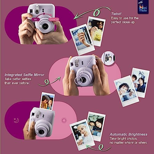 Fujifilm Instax Mini 12 Instant Camera   MiniMate Accessory Bundle & Compatible Custom Case   Fuji Instax Film Value Pack  50 Sheets  Flamingo Designer Photo Album  Lilac Purple 