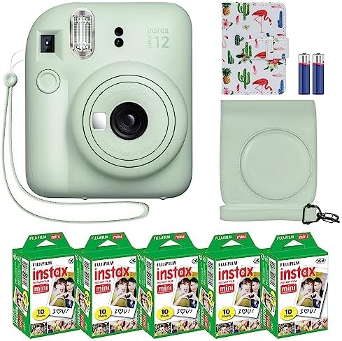 Fujifilm Instax Mini 12 Instant Camera   MiniMate Accessory Bundle & Compatible Custom Case   Fuji Instax Film Value Pack  50 Sheets  Flamingo Designer Photo Album  Lilac Purple 
