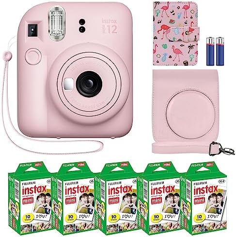 Fujifilm Instax Mini 12 Instant Camera   MiniMate Accessory Bundle & Compatible Custom Case   Fuji Instax Film Value Pack  50 Sheets  Flamingo Designer Photo Album  Lilac Purple 