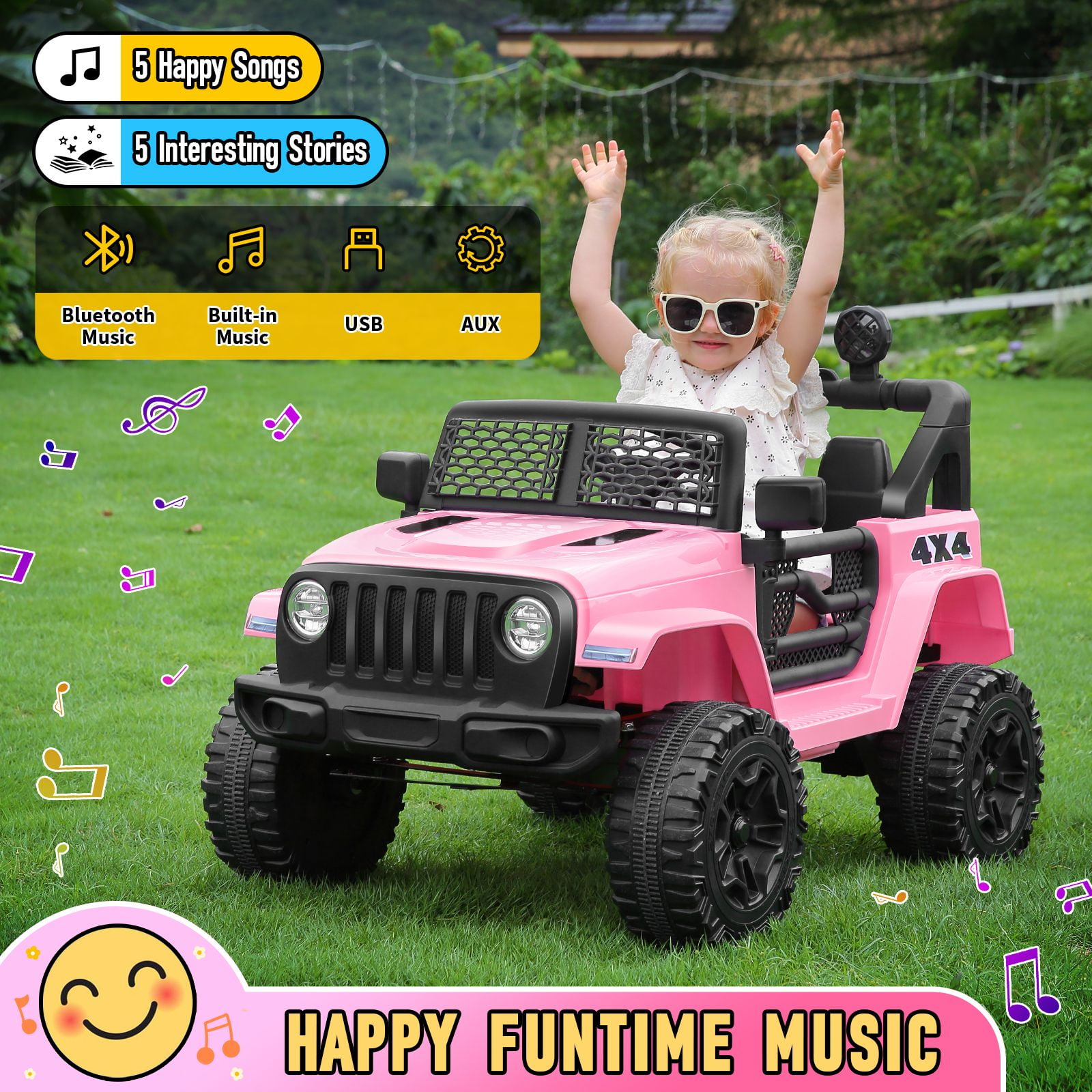 Funcid 12V 7AH Kids Powered Ride on Truck Car with Parent Remote Control  Bluetooth Music  Spring Suspension  LED Lights   Pink