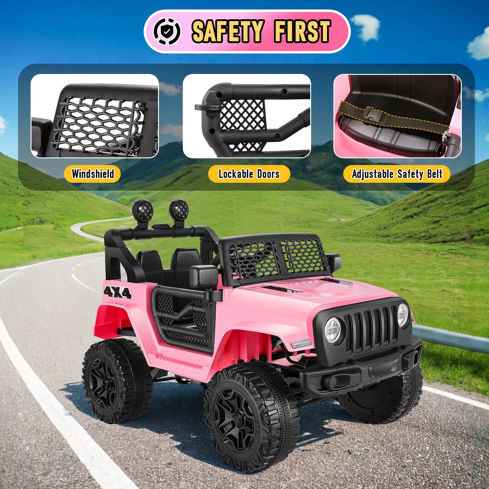 Funcid 12V 7AH Kids Powered Ride on Truck Car with Parent Remote Control  Bluetooth Music  Spring Suspension  LED Lights   Pink