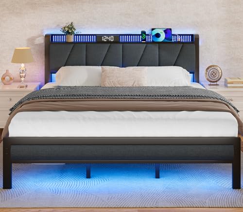 Furnulem Base de cama King con cabecero y luz LED, plataforma tapizada con toma de corriente y puerto USB, cama tamaño King con soporte de metal y estribo, no necesita somier, sin ruido