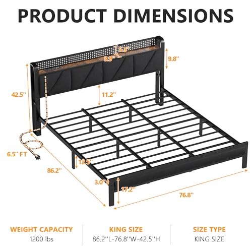 Furnulem Base de cama King con cabecero y luz LED, plataforma tapizada con toma de corriente y puerto USB, cama tamaño King con soporte de metal y estribo, no necesita somier, sin ruido