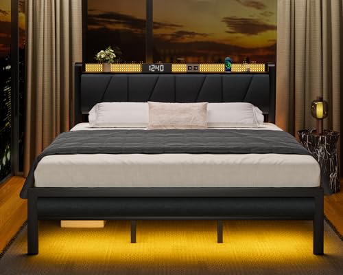 Furnulem Base de cama King con cabecero y luz LED, plataforma tapizada con toma de corriente y puerto USB, cama tamaño King con soporte de metal y estribo, no necesita somier, sin ruido