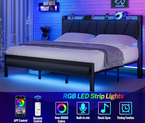 Furnulem Base de cama King con cabecero y luz LED, plataforma tapizada con toma de corriente y puerto USB, cama tamaño King con soporte de metal y estribo, no necesita somier, sin ruido