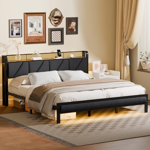 Furnulem Base de cama King con cabecero y luz LED, plataforma tapizada con toma de corriente y puerto USB, cama tamaño King con soporte de metal y estribo, no necesita somier, sin ruido