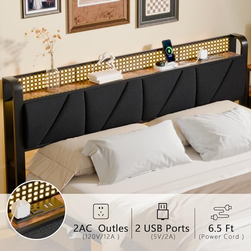 Furnulem Base de cama King con cabecero y luz LED, plataforma tapizada con toma de corriente y puerto USB, cama tamaño King con soporte de metal y estribo, no necesita somier, sin ruido