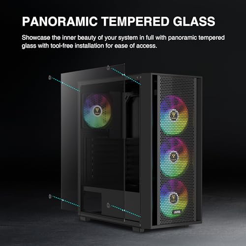 GAMDIAS ATX Mid Tower Computer PC Case with Tempered Glass  4X 120mm ARGB PWM Fans Gaming Case  Support Up to 6X 120mm Fans  360mm AIO/Radiator  260mm GPU/VGA  160mm CPU Air Cooler