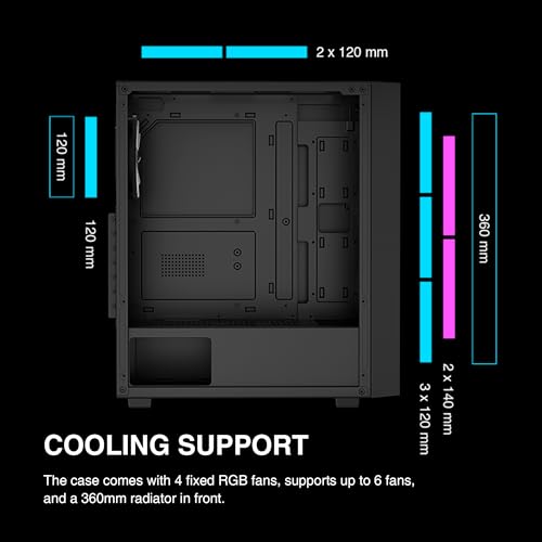 GAMDIAS ATX Mid Tower Computer PC Case with Tempered Glass  4X 120mm ARGB PWM Fans Gaming Case  Support Up to 6X 120mm Fans  360mm AIO/Radiator  260mm GPU/VGA  160mm CPU Air Cooler
