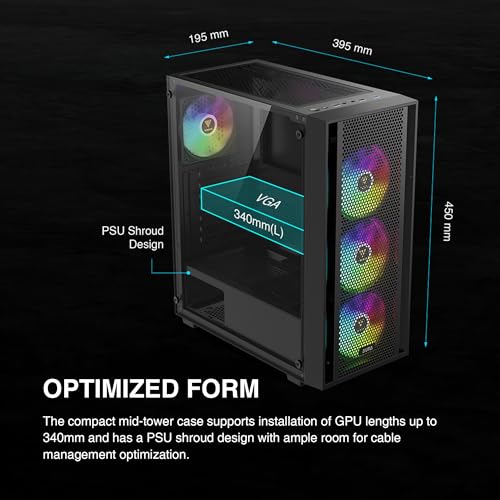 GAMDIAS ATX Mid Tower Computer PC Case with Tempered Glass  4X 120mm ARGB PWM Fans Gaming Case  Support Up to 6X 120mm Fans  360mm AIO/Radiator  260mm GPU/VGA  160mm CPU Air Cooler