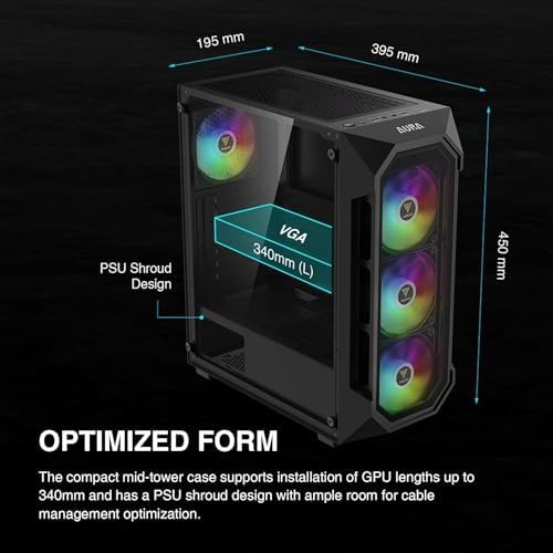 GAMDIAS ATX Mid Tower Gaming Computer PC Case Tempered Glass  Built in 4X 120mm ARGB Case Fans  Front Airflow Mesh  Up to 6x120mm Fans  340mm GPU/VGA  360mm AIO/Radiator  160mm CPU Cooler