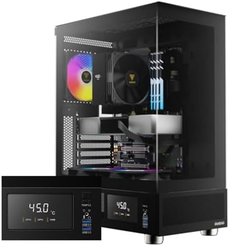 GAMDIAS ATX Mid Tower Computer Case with Tempered Glass  Gaming PC Case w/Temperature Display LCD & 3X 120mm ARGB Fans  Support Up to 5X Fans  240mm AIO/Radiator  340mm GPU/VGA  160mm CPU Air Cooler