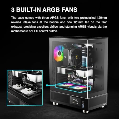 GAMDIAS ATX Mid Tower Computer Case with Tempered Glass  Gaming PC Case w/Temperature Display LCD & 3X 120mm ARGB Fans  Support Up to 5X Fans  240mm AIO/Radiator  340mm GPU/VGA  160mm CPU Air Cooler