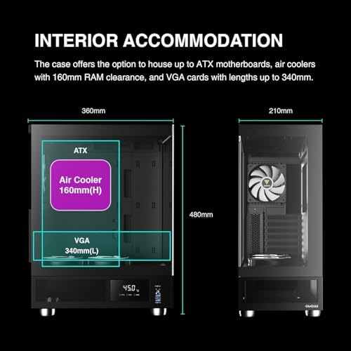 GAMDIAS ATX Mid Tower Computer Case with Tempered Glass  Gaming PC Case w/Temperature Display LCD & 3X 120mm ARGB Fans  Support Up to 5X Fans  240mm AIO/Radiator  340mm GPU/VGA  160mm CPU Air Cooler