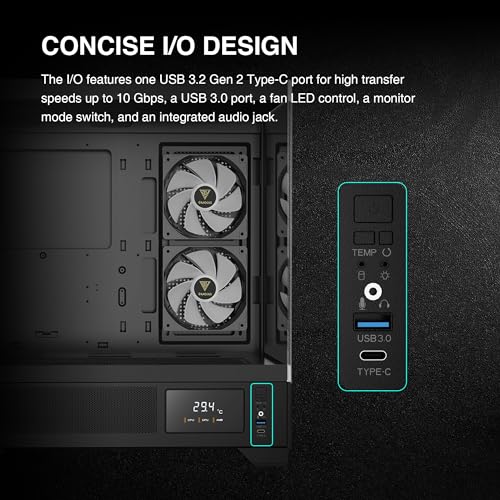 GAMDIAS Mid Tower Gaming Computer Case w/Display& App  ATX Tempered Glass PC Case  Built in 3X 120mm ARGB PWM Fans  Up to RTX 4000 GPU/VGA 410mm& 360mm AIO/Radiator& 6x120mm Fans& 160mm CPU Cooler