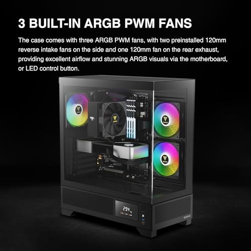GAMDIAS Mid Tower Gaming Computer Case w/Display& App  ATX Tempered Glass PC Case  Built in 3X 120mm ARGB PWM Fans  Up to RTX 4000 GPU/VGA 410mm& 360mm AIO/Radiator& 6x120mm Fans& 160mm CPU Cooler
