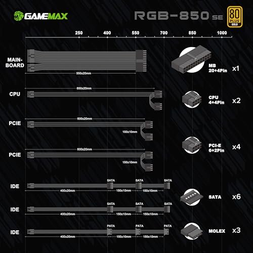 GAMEMAX 850W 80 Plus Gold Power Supply  ATX 3 0 & PCIE 5 0 Ready  100  Japanese Capacitors  Fully Modular  ARGB SYNC  RGB 850 SE