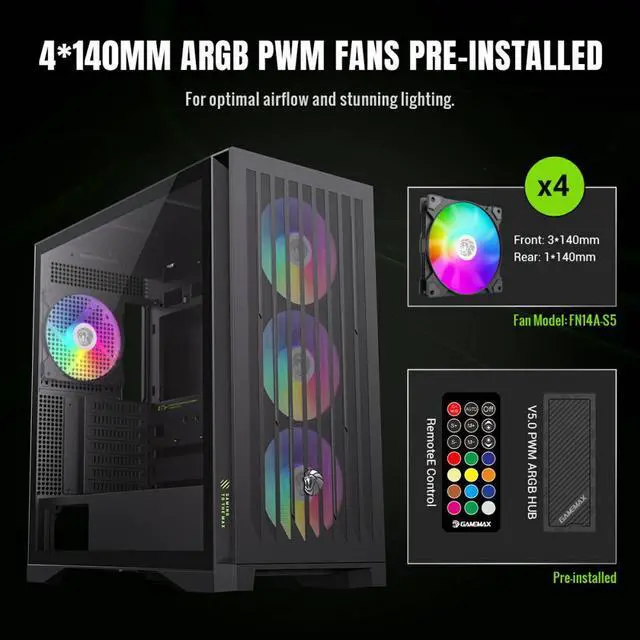 GAMEMAX Mid Tower Gaming Case LEADER 2 BK Leader 2 BK Black case  Comprehensive Compatibility  Supports E ATX motherboards  425mm GPUs  420mm radiators  245mm PSUs  and 185mm air coolers