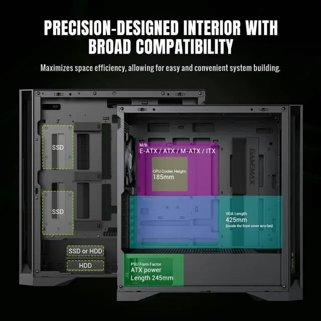 GAMEMAX Mid Tower Gaming Case LEADER 2 BK Leader 2 BK Black case  Comprehensive Compatibility  Supports E ATX motherboards  425mm GPUs  420mm radiators  245mm PSUs  and 185mm air coolers