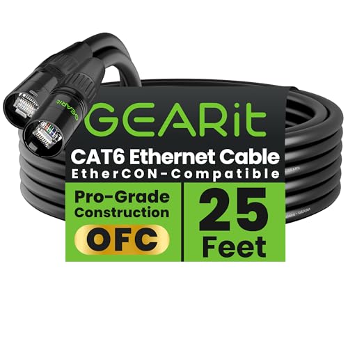 GEARit Shielded CAT6 Ethercon Cable  25 Feet  Professional Audio & Lighting RJ45 EtherCON Compatible Cable for Studio  Stage  Concerts   25ft Black