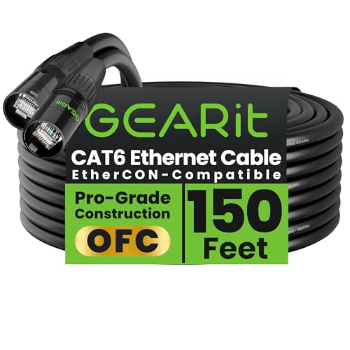 GEARit Cable Ethercon CAT6 blindado (150 pies) de audio profesional e iluminación RJ45 compatible con EtherCON para estudio, escenario, conciertos, 150 pies, color negro