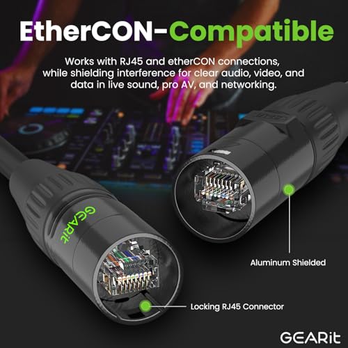 GEARit Cable Ethercon CAT6 blindado (150 pies) de audio profesional e iluminación RJ45 compatible con EtherCON para estudio, escenario, conciertos, 150 pies, color negro