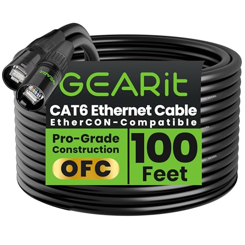 GEARit Cable Ethercon CAT6 blindado (150 pies) de audio profesional e iluminación RJ45 compatible con EtherCON para estudio, escenario, conciertos, 150 pies, color negro