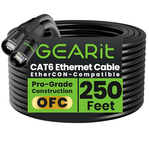GEARit Cable Ethercon CAT6 blindado (150 pies) de audio profesional e iluminación RJ45 compatible con EtherCON para estudio, escenario, conciertos, 150 pies, color negro