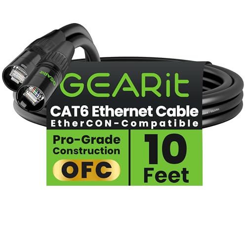 GEARit Cable Ethercon CAT6 blindado (150 pies) de audio profesional e iluminación RJ45 compatible con EtherCON para estudio, escenario, conciertos, 150 pies, color negro