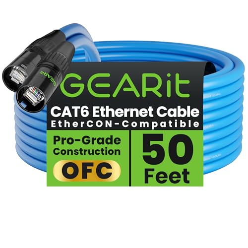 GEARit Cable Ethercon CAT6 blindado (150 pies) de audio profesional e iluminación RJ45 compatible con EtherCON para estudio, escenario, conciertos, 150 pies, color negro