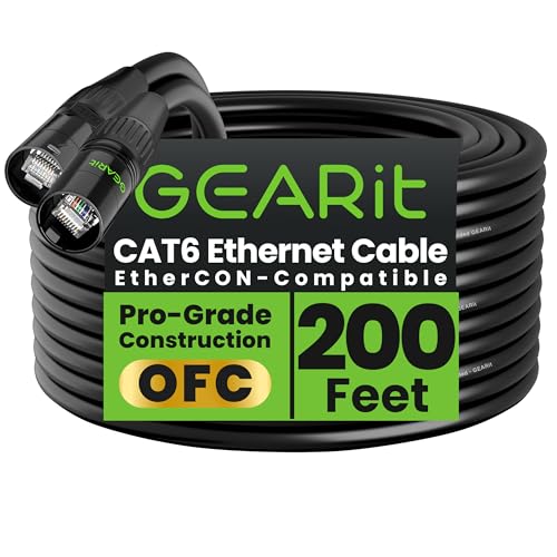 GEARit Cable Ethercon CAT6 blindado (150 pies) de audio profesional e iluminación RJ45 compatible con EtherCON para estudio, escenario, conciertos, 150 pies, color negro