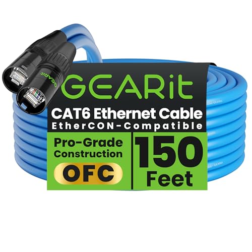 GEARit Cable Ethercon CAT6 blindado (150 pies) de audio profesional e iluminación RJ45 compatible con EtherCON para estudio, escenario, conciertos, 150 pies, color negro