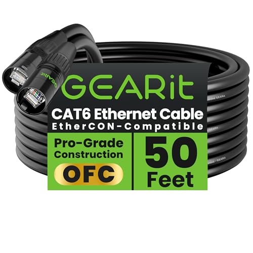 GEARit Cable Ethercon CAT6 blindado (150 pies) de audio profesional e iluminación RJ45 compatible con EtherCON para estudio, escenario, conciertos, 150 pies, color negro