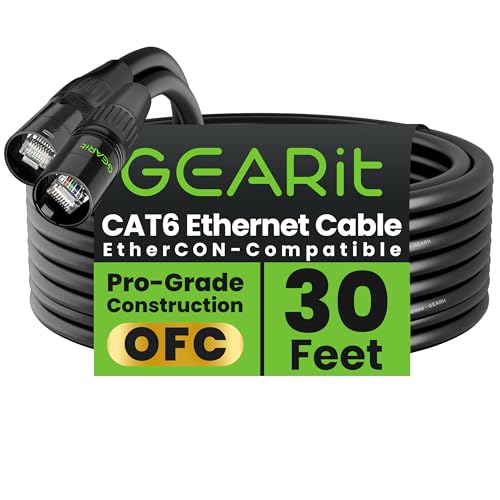 GEARit Cable Ethercon CAT6 blindado (150 pies) de audio profesional e iluminación RJ45 compatible con EtherCON para estudio, escenario, conciertos, 150 pies, color negro