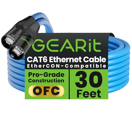 GEARit Cable Ethercon CAT6 blindado (150 pies) de audio profesional e iluminación RJ45 compatible con EtherCON para estudio, escenario, conciertos, 150 pies, color negro